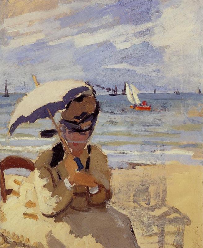 Camille Sitting on the Beach at Trouville - Claude Monet Paintings